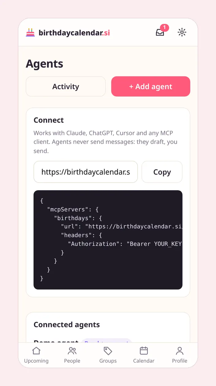 Agents settings with the MCP server link, a Copy button and a ready-to-paste config