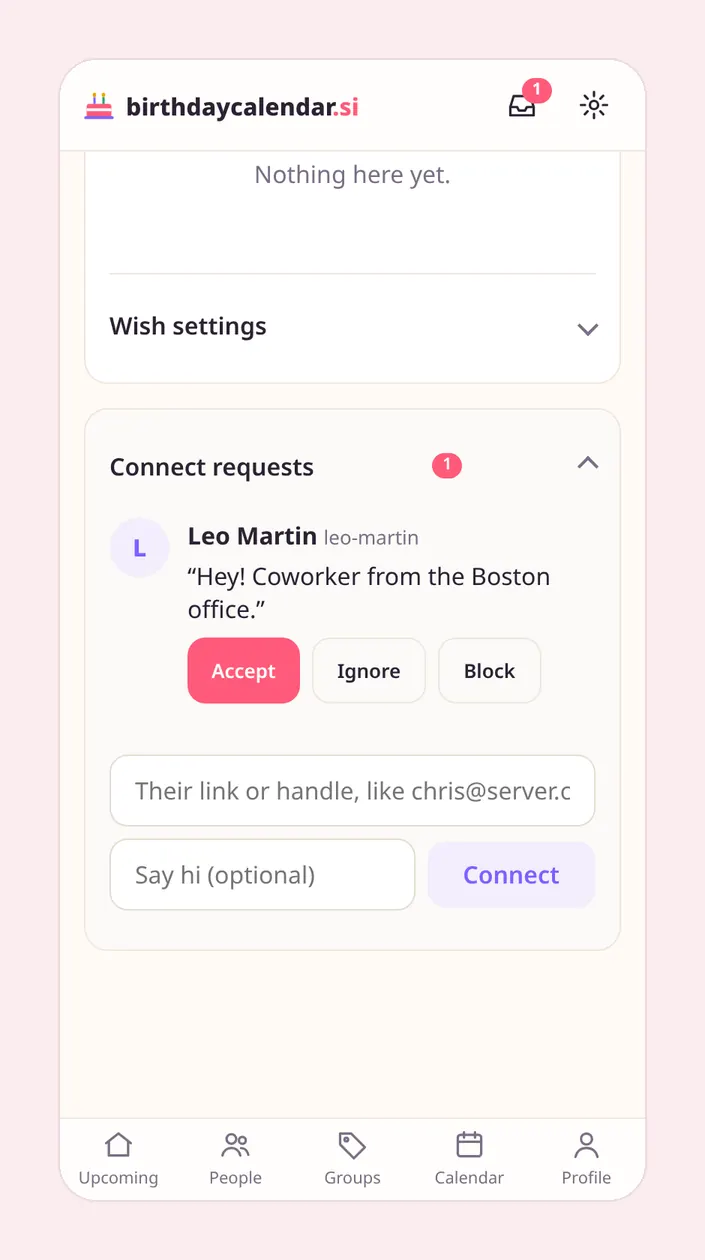 A connect request from a friend with Accept, Ignore and Block buttons