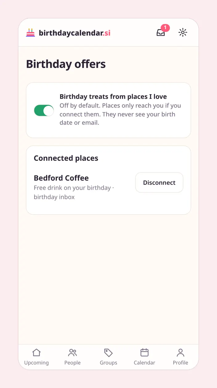 Birthday offers settings: an opt-in toggle and a connected coffee shop offering a free birthday drink