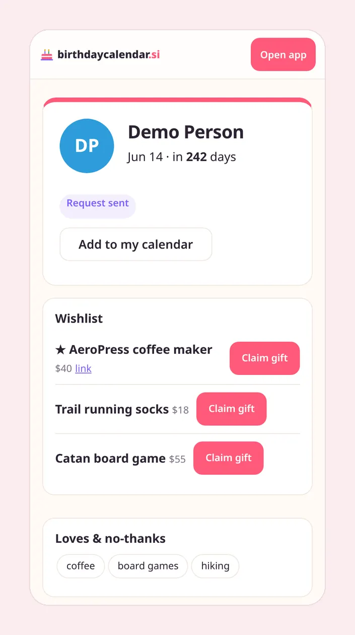 A public birthday page showing a name, birthday, Connect and Add to my calendar buttons, and a wishlist