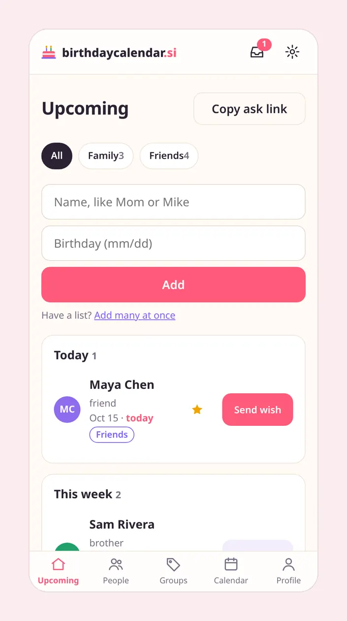 Upcoming birthdays dashboard: today, this week and this month, with a Send wish button next to each person