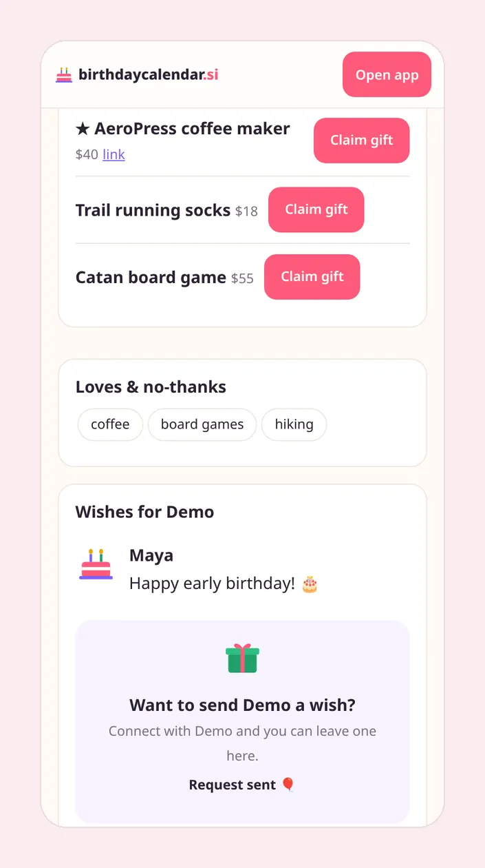 Wishlist items with Claim gift buttons, and a greetings wall with an approved birthday message